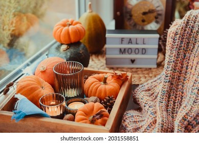 Autumn Cozy Mood Composition On The Windowsill. Pumpkins, Cones, Candles On Wooden Tray, Blurred Fall Mood Message On Lightbox, Warm Plaid. Autumn, Fall, Hygge Home Decor. Selective Focus. Copy Space.