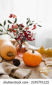 Autumn Cozy Mood Composition. Pumpkins, Flower Bouquet, Warm Plaid. Autumn, Fall, Hygge Home Decor. Vertical Photo. Selective Focus.