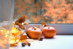 Autumn Cozy Still Life. Orange Pumpkins, Lantern, Autumn Leaves And Rainy Window. Fall Season, Thanksgiving And Halloween Concept. 