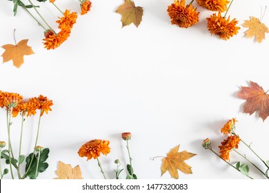 Autumn Creative Composition. Orange Flowers, Leaves On White Background. Fall Concept. Autumn Background. Flat Lay, Top View, Copy Space