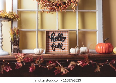 Autumn decor - Hello Fall on the fireplace mantel