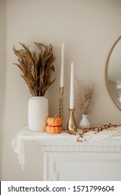 Autumn Decor On White Mantle