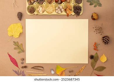 Autumn decoration scene with blank beige paper, vivid leaves, pine cones, acorns, chestnuts, seeds, and branches, cardboard container filled with fall elements on a brown surface, - Powered by Shutterstock