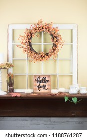 Autumn Decorations On The Mantel - Hello Fall