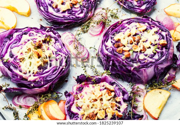 Autumn\
dish of red cabbage baked with nuts and\
apples