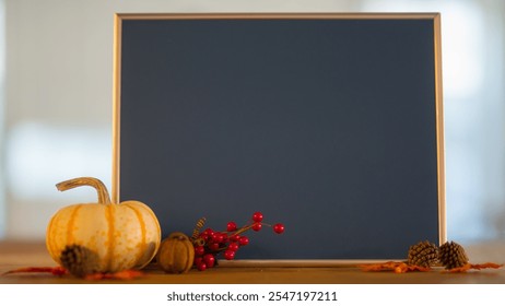 Autumn display, light-orange pumpkin, red berries, pinecones, wooden surface, fall ambiance, rustic decor, Thanksgiving theme, home setting, cozy vibes, harvest season - Powered by Shutterstock