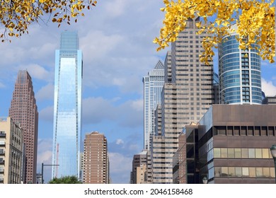 Autumn In Downtown Philadelphia, Pennsylvania. Philly City Skyline With Office Buildings.