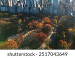 Autumn Fall. Autumnal Central Park view from drone. Aerial of NY City Manhattan Central Park panorama in Autumn. Autumn in Central Park. Autumn NYC. Central Park Fall Colors of foliage.