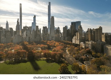 Autumn Fall. Autumnal Central Park view from drone. Aerial of NY City Manhattan Central Park panorama in Autumn. Central Park during autumn in New York City.