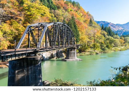 Autumn fall foliage Fukushima Tadami Black Bridge View Point in Fukushima Japan