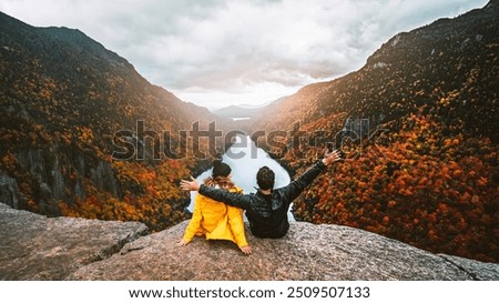 Similar – Image, Stock Photo Hiking in mountains. Mountain landscape. Scenic view of mountain peaks. Panoramic view. Natural scenery. Beautiful background