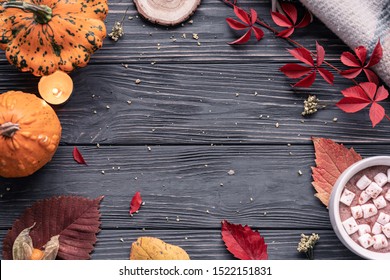 Autumn Fall Holiday Cozy Background With Pumpkin, Orange Leaves, Hot Cocoa Drink Marshmallow In Cup On Brown Wooden Table, Happy Halloween Thanksgiving Decoration, Above Top Overhead View, Copy Space