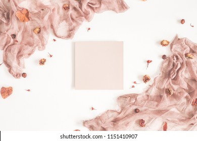 Autumn Fashion Composition. Paper Blank, Textile, Dried Flowers And Leaves On White Background. Autumn, Fall Concept. Flat Lay, Top View, Copy Space, Square