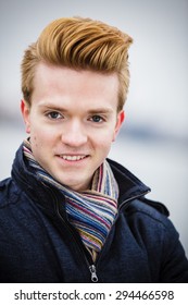 Autumn Fashion. Young Handsome Man Model Casual Style Hair Styling Outdoor Against Overcast Sky, Cold Autumnal Foggy Day