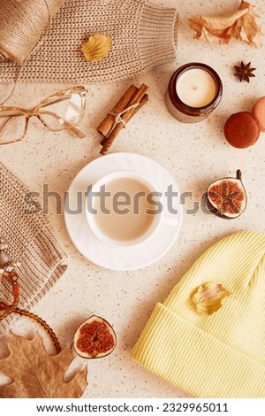 Autumn feminine lifestyle flat lay - casual sweater, woman glasess, hat and accessories. Aesthetic cozy lifestyle among candle, fall leaves, macaroons cinnamon sticks