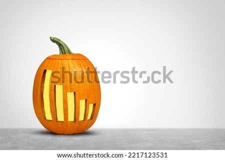 Autumn financial decline and Halloween season stock market crash concept as a fall season pumpkin symbol with a downward leaning finance chart arrow as a carved jack o lantern.