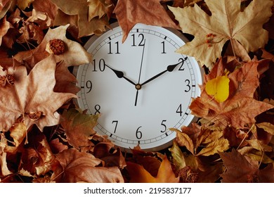 autumn flat lay with clock and leaves. - Shutterstock ID 2195837177