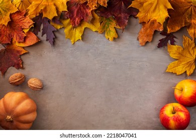 Autumn Flat Lay Composition With Copy Space On Gray Concrete Background. Pumpkins, Cinnamon Sticks, Apples, Nutmeg, Anise And Acorns Laid Out In A Frame On A Surface.