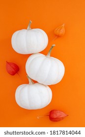 Autumn flat lay composition with white pumpkins and dry leaves on bold orange color background. Creative autumn, thanksgiving, fall, halloween concept. Top view, copy space