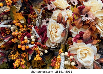 autumn floral arrangement featuring a mix of cream-colored roses, red and orange leaves, berries, and fall-inspired foliage - Powered by Shutterstock