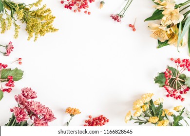 Autumn Floral Composition. Frame Made Of Fresh Flowers On White Background. Autumn, Fall Concept. Flat Lay, Top View, Copy Space