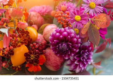 Autumn Flowers Closeup Background, Fall Bouquet With Dahlia In Sunlight