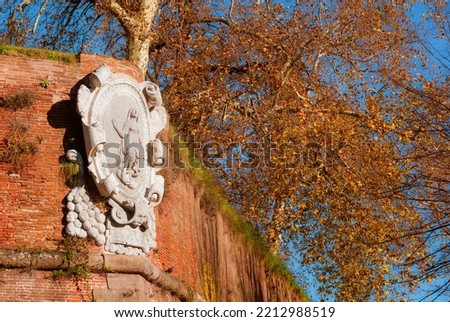 Autumn and foliage in Lucca. Anciet city walls Saint Mary Bulwark with sycamore autumnal leaves