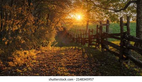 Autumn foliage and split rail fence trailing off into the sunset - Shutterstock ID 2148345957