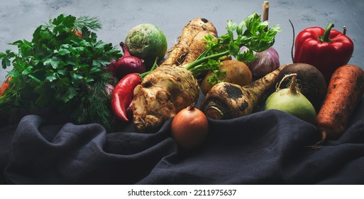 Autumn Food Background With Vegetables, Root Crops: Celery, Radish, Parsnips, Carrots On Kitchen Table. Harvesting, Local Farm Market Shopping, Healthy Eating Concept. Top View