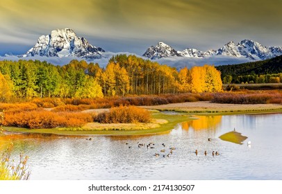 Autumn forest by the lake in the valley. Autumn landscape. Autumn forest at lake. Autumn in mountains - Shutterstock ID 2174130507