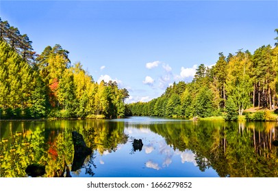 Autumn forrest river sky water view