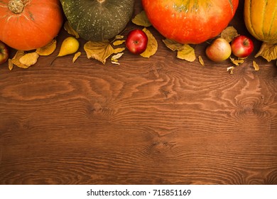 Autumn Fruit And Vegetables. Thanksgiving Autumn Background. Flat Lay, Top View