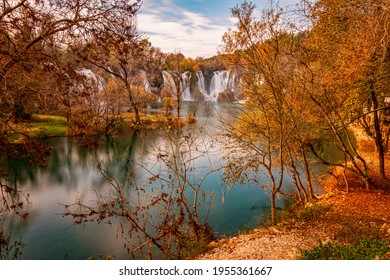 Autumn Gold Kravice Waterfall On The Trebizat River In Bosnia And Herzegovina. Fall Miracle Of Nature In Bosnia And Herzegovina. The Kravice Waterfalls, Originally Known As The Kravica Waterfalls