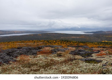 Autumn Green Orange Tundra Landscape With Lakes And Mountains In The Background