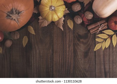 Autumn, Halloween Or Thanksgiving Background. Yellow And Red Leaves And Colorful Pumpkins.copy Space, Flat Lay
