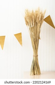 Autumn Harvest Party Celebrating. Barley Spiklets And Bunting. Vertical Size. Harvesting, Agriculture Concept. 