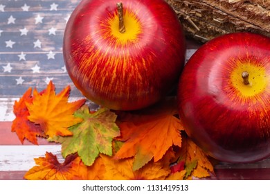 Autumn Harvest Theme On USA Flag Wood Table Background For Fall Holiday Season