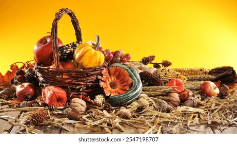 Autumn harvest, wicker basket, gourds, apples, Indian corn, fall foliage, pumpkin decor, dried botanicals, autumn harvest scene, pinecones, acorns, fall decorations, Thanksgiving abundance - Powered by Shutterstock