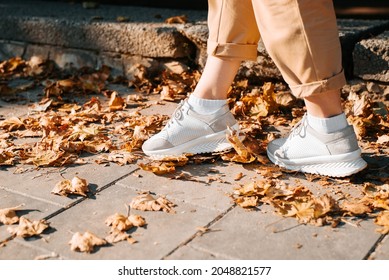 Autumn, hello october concept. Close-up of female legs in sneakers walking along sidewalk covered with fallen yellow leaves, side view. Selective focus. - Powered by Shutterstock