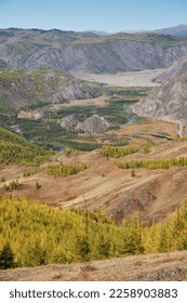 Autumn highland landscape. Altai river Chuya surrounded by mountains. Larch trees in yellow autumn color. Altai, Siberia, Russia. - Shutterstock ID 2258903883