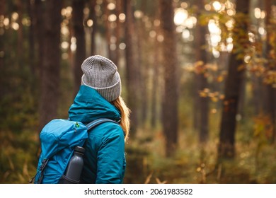 Autumn Hike In Forest. Woman With Backpack And Knit Hat Looking At Woodland. Adventure In Nature. Active Lifestyle