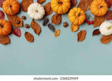 Autumn holiday frame from decorative pumpkins, dried foliage, red berry, pinecones and acorns top view. Thanksgiving day, harvest, autumn and fall background top view.
 - Powered by Shutterstock