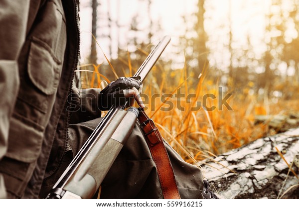 Autumn hunting season. Woman hunter with a gun.\
Hunting in the woods.