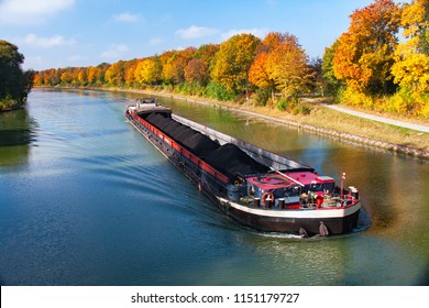 Autumn Inland Waterway With Inland Vessel