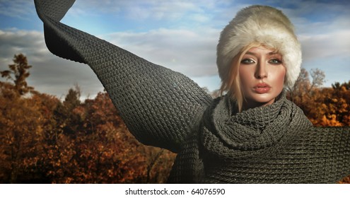 Autumn Lady Wearing Big Scarf