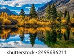 Autumn lake in mountains. Autumn mountain lake. Autumn lake water reflection. Lake in the autumn mountains