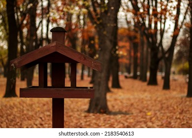 Autumn Landscape - A Bird Feeder In The Form Of A House Against A Background Of Yellow Autumn Foliage