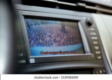 Autumn Landscape In Car Back Up Rear Camera View Low Angle And Inscription Check Surrounding For Safety