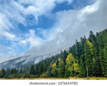 Autumn landscape of the Carpathian Mountains. Incredibly beautiful seasonal nature background with green and yellow hills. Endless blue sky and light white clouds. Beautiful panoramic view. - Shutterstock ID 2376614783