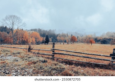 Autumn landscape in Carpathian mountains. Tranquil rural landscape with autumn forest and wooden fence. Empty pasture with foggy mountains and forest. Scenic misty nature in November.  - Powered by Shutterstock